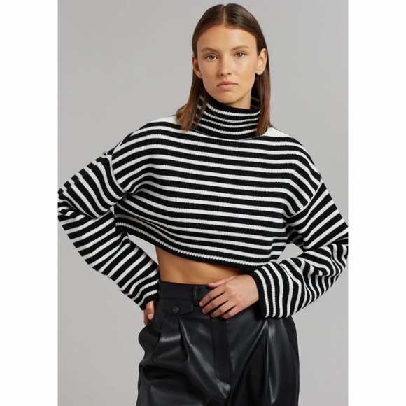 The Frankie Shop Athina Wool Cropped Turtleneck Sweater in Black Stripe Size M/L - Picture 5 of 14
